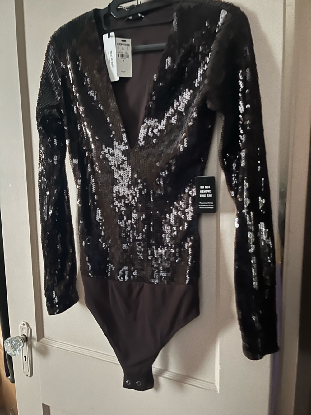 Express Black Sequin V-Neck Long Sleeve Bodysuit